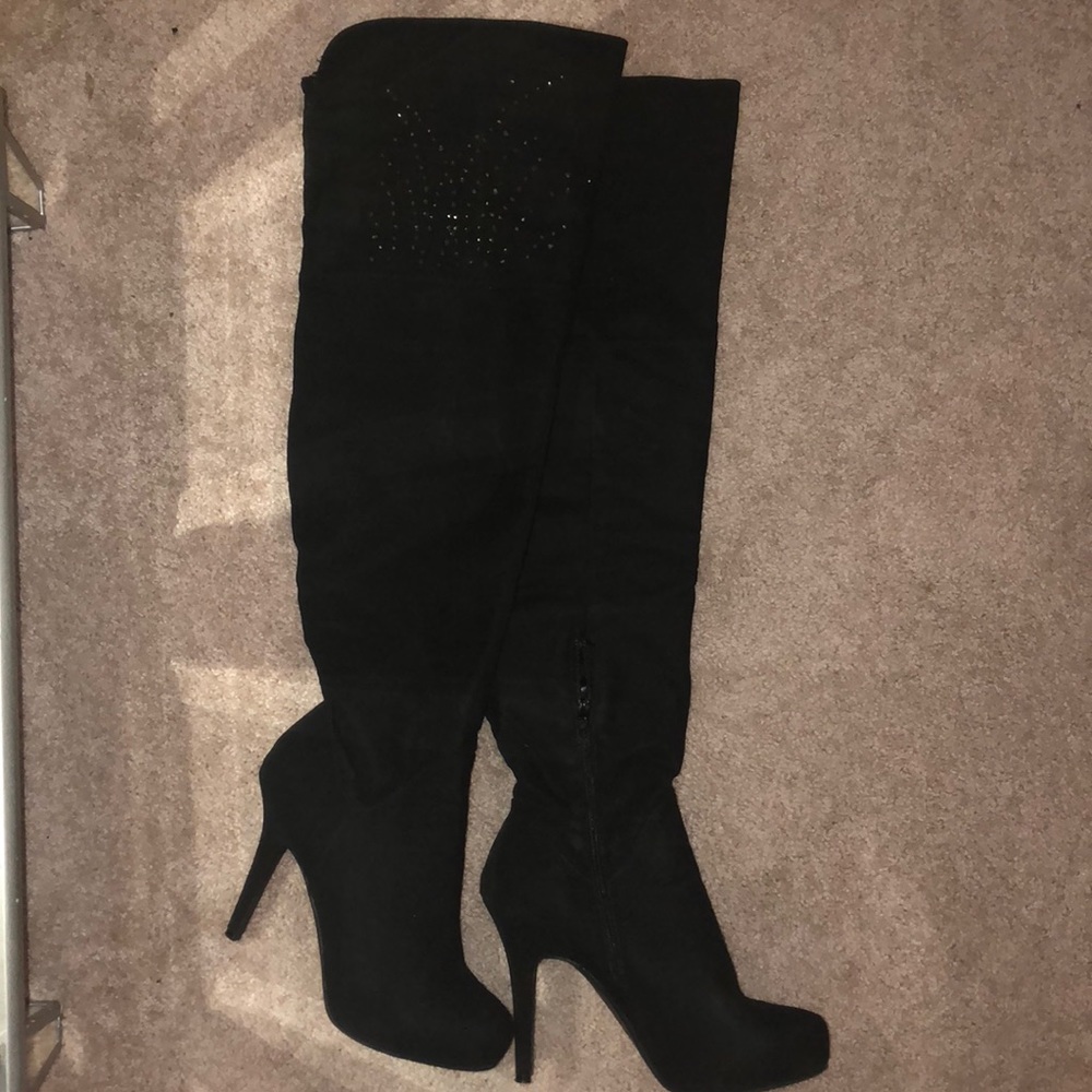 Thigh high platform boot with rhinestone detail